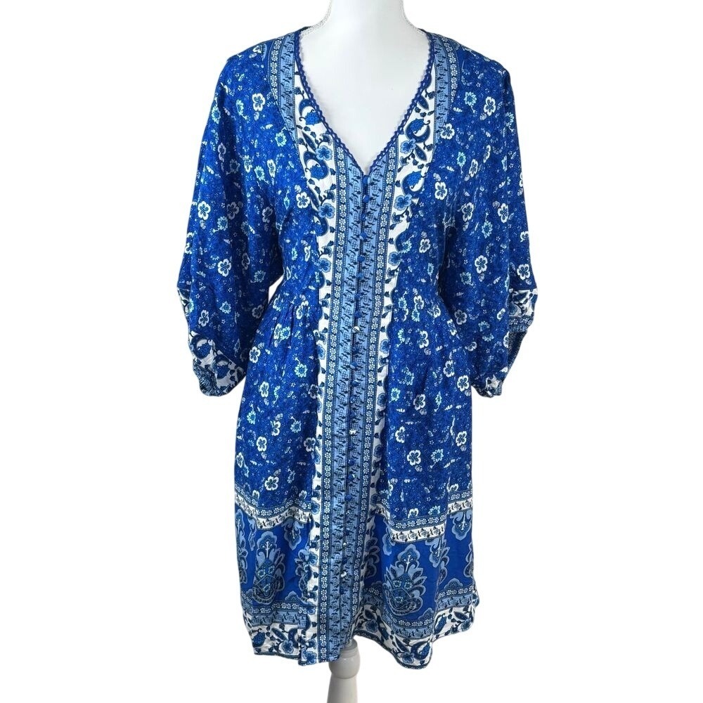 Papillon Boho Floral Dress XL Blue Buttons V Neck Vintage cortagecore